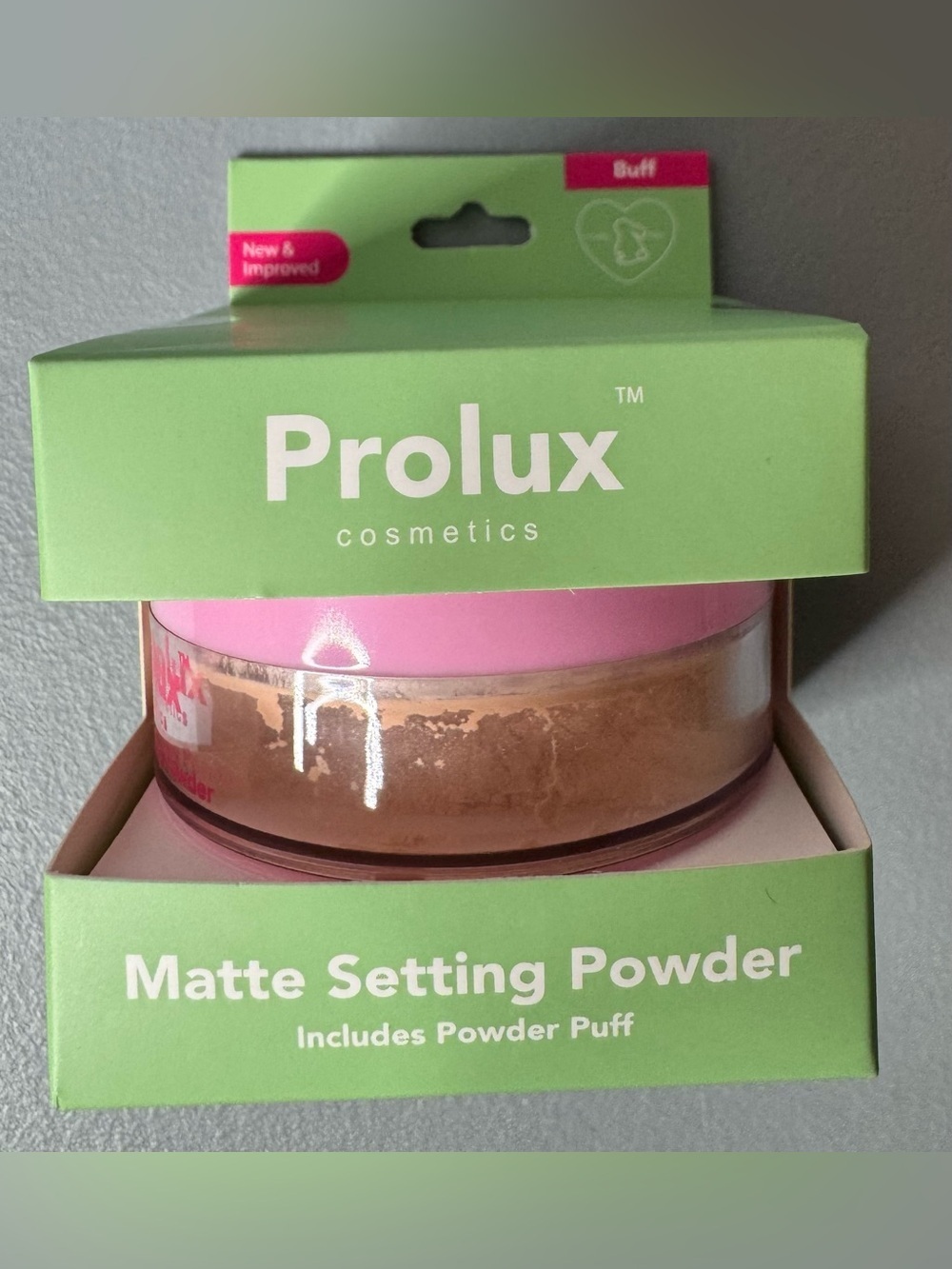 Prolux Matte Setting Powder with puff in buff color Pink Cap, Green Box